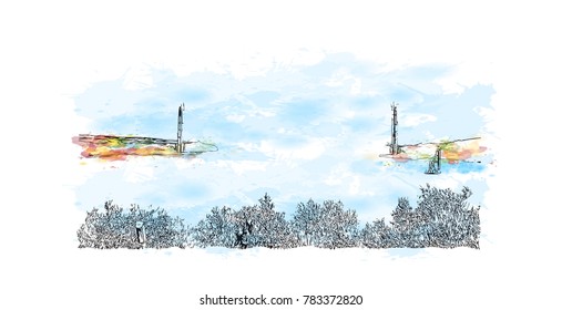 Watercolor splash with hand drawn sketch of The Bosphorus Istanbul, Turkey in vector.