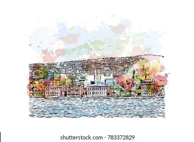Watercolor splash with hand drawn sketch of The Bosphorus Istanbul, Turkey in vector.