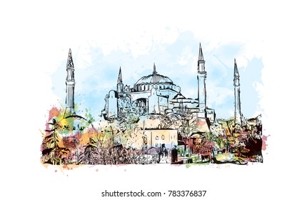 Watercolor splash with hand drawn sketch of Istanbul, Turkey in vector.