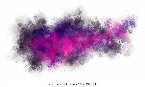 Watercolor splash isolated on white background. Black, violet and pink mix of paint. Blob on paper. Vector illustration. Powder explosion. Ethereal design.