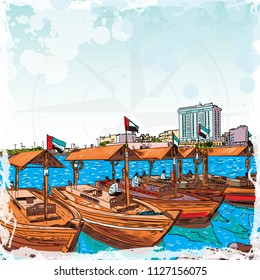 Watercolor splash Old traditional boats on the Bay Creek in Dubai, United Arab Emirates, UAE. Hand drawn sketch. Piers of traditional water taxi in Deira area. Famous tourist destination. Vector.