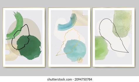 Watercolor splash. Set of posters with gold colors. Gouache with leaves. Design for invitation card, background template collection. 