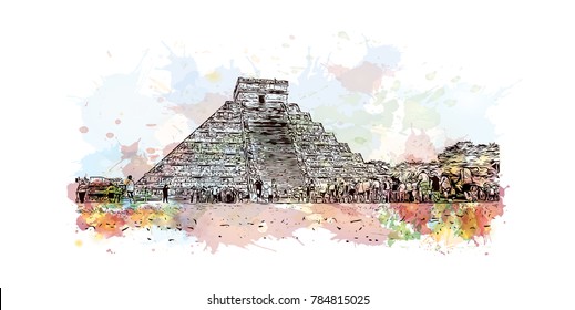 Watercolor splash with sketch of The ancient Pyramid of Kukulcan, or El Castillo, in Chichen Itza, Mexico in vector.