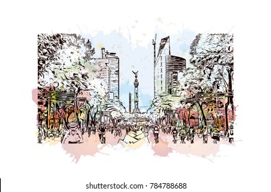 Watercolor splash with sketch of The Angel of Independence stands in the center of a roundabout in Mexico City, Mexico in vector.