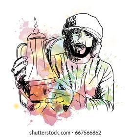 Watercolor splash with sketch of Arab man holding vintage tea pot in vector.