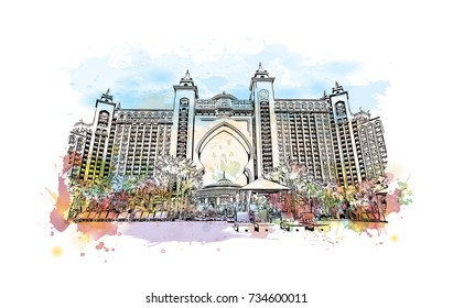 Watercolor splash with sketch of Atlantis Hotel Dubai UAE in vector illustration.