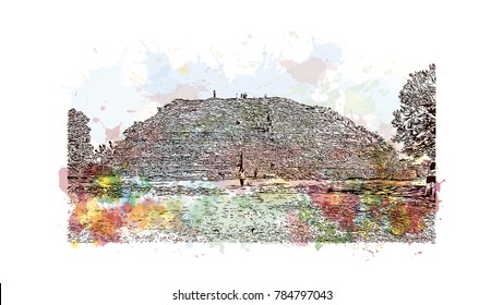 Watercolor splash with sketch of Avenue of Dead and Sun Pyramid, Temple of Sun Teotihuacan, Mexico City Mexico in vector.