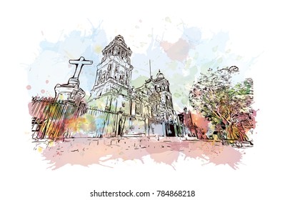Watercolor splash with sketch of Basilica of Our Lady of Guadalupe, Mexico in vector.