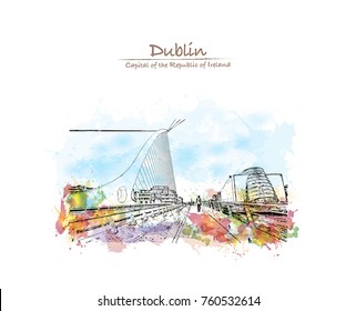 Watercolor splash with sketch of the cable stayed Samuel Beckett Bridge, in Dublin, Ireland in vector illustration.