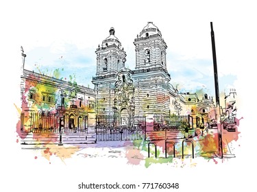 Watercolor splash with sketch of Church and Convent of San Francisco, California, USA in vector illustration.