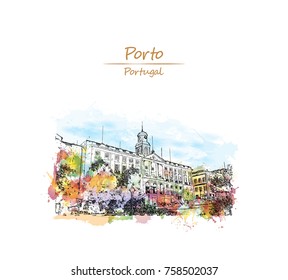 Watercolor splash with sketch of the Palácio da Bolsa is a historical building in Porto, Portuga in vector illustration.