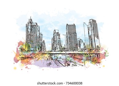 Watercolor splash with sketch of Downtown Sheikh Zayed Road Dubai UAE in vector illustration.