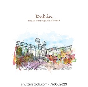 Watercolor splash with sketch of Dublin Castle off Dame Street, Dublin, Ireland in vector illustration.