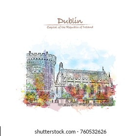 Watercolor splash with sketch of Dublin Castle off Dame Street, Dublin, Ireland in vector illustration.