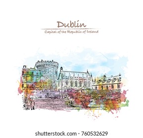 Watercolor splash with sketch of Dublin Castle off Dame Street, Dublin, Ireland in vector illustration.