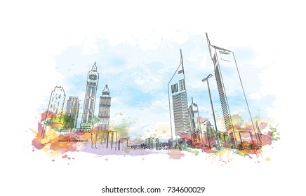 Watercolor splash with sketch of Emirates Tower Dubai UAE in vector illustration.