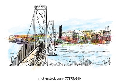 Watercolor splash with sketch of Golden Gate, San Francisco, California, USA. in vector illustration.