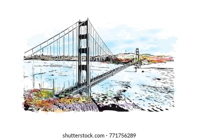 Watercolor splash with sketch of Golden Gate, San Francisco, California, USA. in vector illustration.