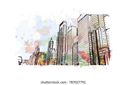 Watercolor Splash With Sketch Of Hong Kong City Skyline And Building View In Vector Illustration.