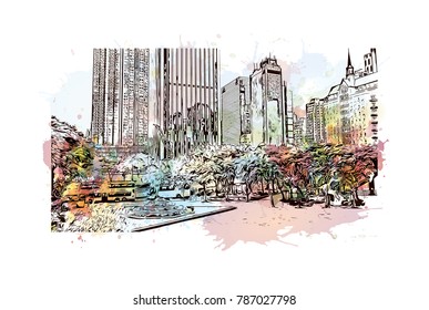 Watercolor splash with sketch of Hong Kong City Skyline and building view in vector illustration.