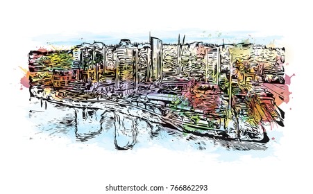 Watercolor splash with sketch illustration of Building view skyline Portland, USA in vector.