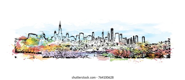 Watercolor splash with sketch illustration of City Skyline Chicago, USA in vector.