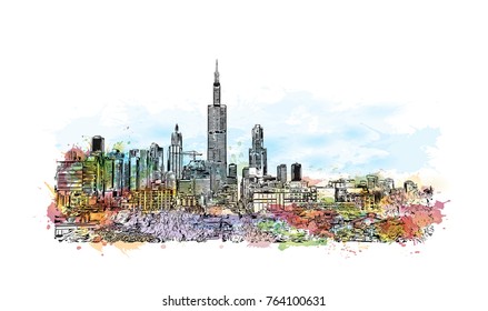 Watercolor splash with sketch illustration of City Skyline Chicago, USA in vector.