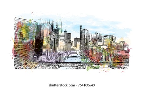 Watercolor splash with sketch illustration of City Skyline Chicago, USA in vector.