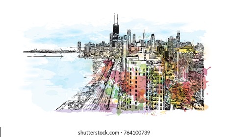 Watercolor splash with sketch illustration of City Skyline Chicago, USA in vector.