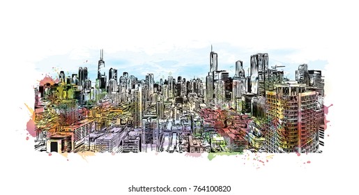 Watercolor splash with sketch illustration of City Skyline Chicago, USA in vector.