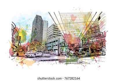 Watercolor Splash With Sketch Illustration Of Copley Place, Boston, USA In Vector.