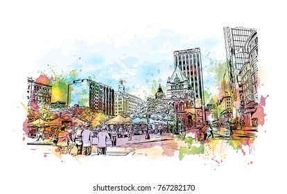 Watercolor splash with sketch illustration of Copley Square Boston, USA in vector.