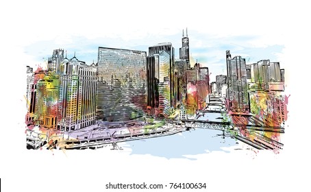 Watercolor splash with sketch illustration of DuSable bridge at twilight, Chicago. in vector.