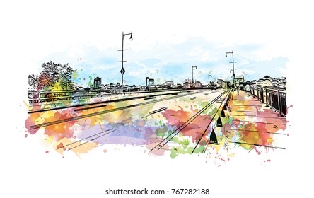 Watercolor Splash With Sketch Illustration Of Road On Harvard Bridge Boston, USA In Vector.