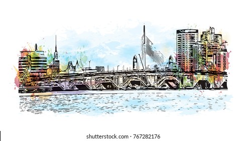 Watercolor Splash With Sketch Illustration Of Zakim Bridge Boston, USA In Vector.