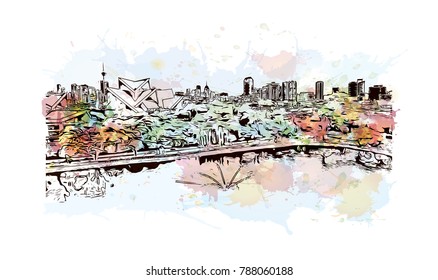 Watercolor splash with sketch of Kuala Lumpur City, capital of Malaysia in vector illustration. 