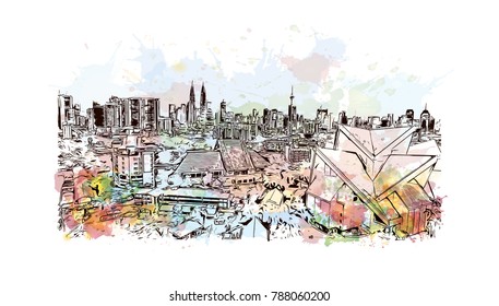 Watercolor splash with sketch of Kuala Lumpur City, capital of Malaysia in vector illustration. 