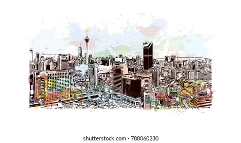 Watercolor splash with sketch of Kuala Lumpur City, capital of Malaysia in vector illustration. 