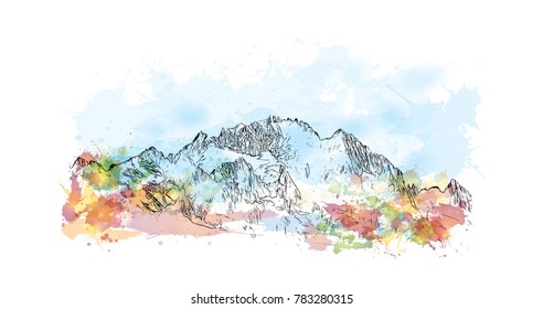 Watercolor splash with sketch of Lijiang, Yunnan, China in vector.