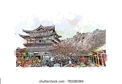 Watercolor splash with sketch of Lijiang, Yunnan, China in vector.
