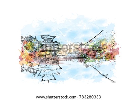 Watercolor splash with sketch of Lijiang, Yunnan, China in vector.