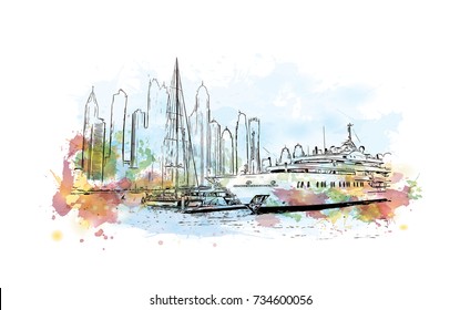 Watercolor splash with sketch of Marina Dubai With Cruise, UAE in vector illustration.