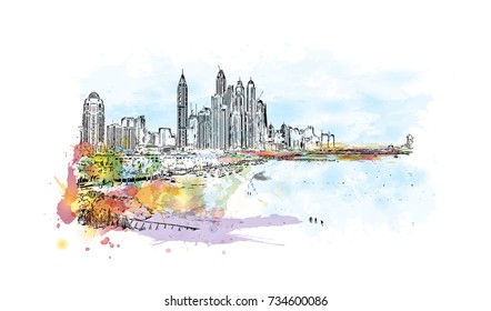 Watercolor splash with sketch of Marina Dubai UAE in vector illustration.