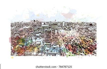 Watercolor splash with sketch of Mexico City in vector.
