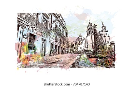 Watercolor splash with sketch of Mexico City in vector.