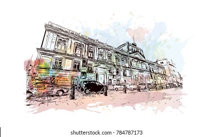 Watercolor Splash With Sketch Of Mexico City In Vector.