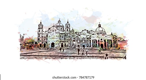 Watercolor Splash With Sketch Of Mexico City In Vector.