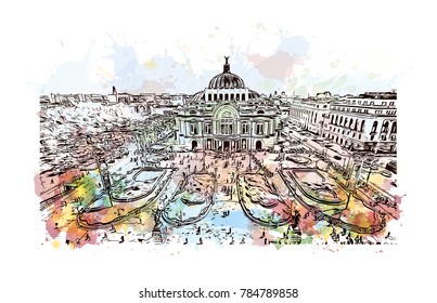 Watercolor splash with sketch of Mexico in vector.
