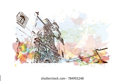 Watercolor splash with sketch of Mexico in vector.