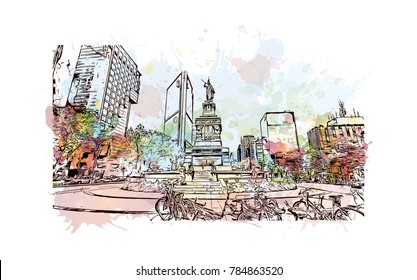 Watercolor splash with sketch of Monument to Cuitlahuac along Paseo de la Reforma. Cuitlahuac was the leader of the Aztec city of Tenochtitlan during the Spanish Conquest in vector.